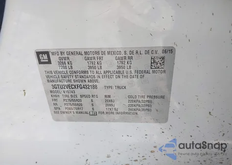 2015 GMC Sierra 1500 Slt из США, поврежденный, VIN 3GTU2VECXFG432188